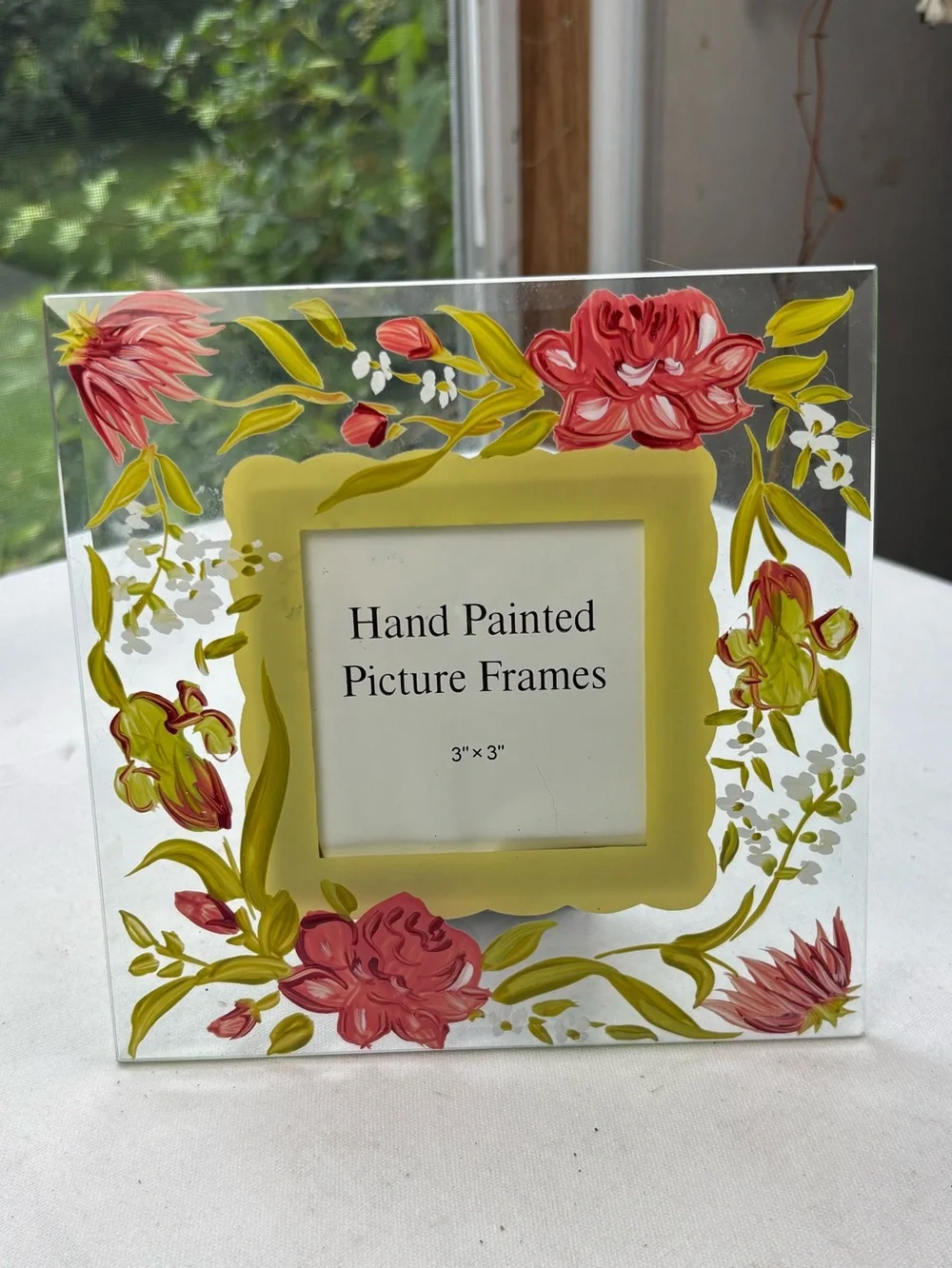 NEW Hand Painted Pink & Green Floral Picture Frame Clear Glass 7” x 7”